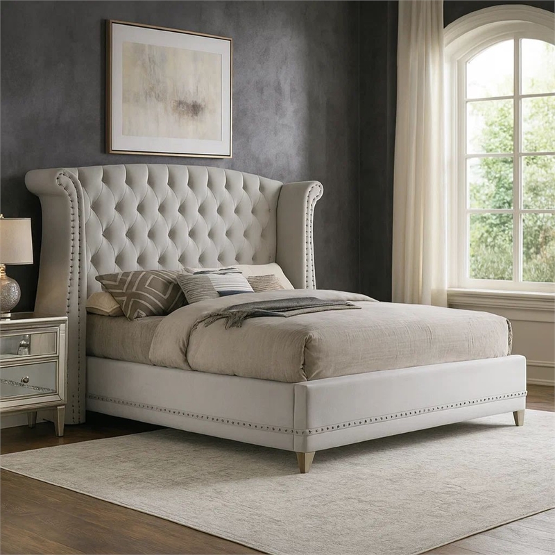 Benjara Dini California King Bed-Crystal Button Tufting-White Velvet Upholstery