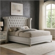Benjara Dini California King Bed-Crystal Button Tufting-White Velvet Upholstery