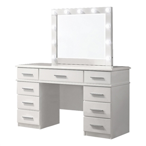 Benjara Sok 60&quot 9 Drawer Vanity Desk with LED Lighted Mirror- Glossy White Wood