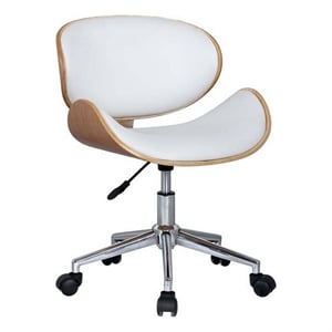 Benjara 23&quot Swivel Office Chair- Curved Wood Seat & Back- White Faux Leather