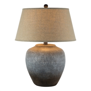 Benjara Buen 28&quot Hydrocal Table Lamp- Drum Shade- Urn Base- Gray Rust Frost