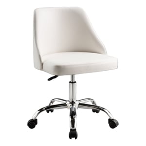 Benjara Yim 22&quot Adjustable Swivel Office Chair- White Faux Leather- Chrome Base