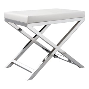 Benjara Sumi 18&quot Stool- Padded Seat- White Faux Leather- Crossed Chrome Legs