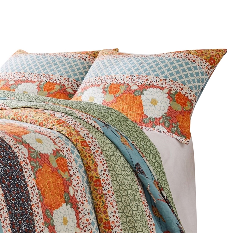 Benjara 2pc Twin Quilt & Pillow Sham Set- Floral & Songbirds Prints- Multicolor