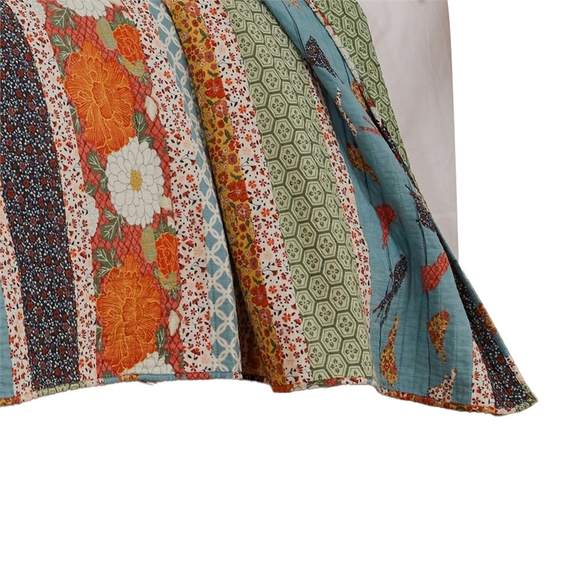 Benjara 2pc Twin Quilt & Pillow Sham Set- Floral & Songbirds Prints- Multicolor