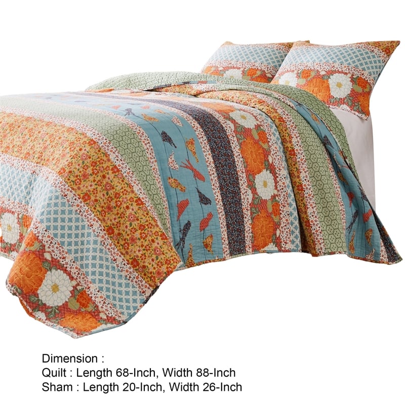 Benjara 2pc Twin Quilt & Pillow Sham Set- Floral & Songbirds Prints- Multicolor