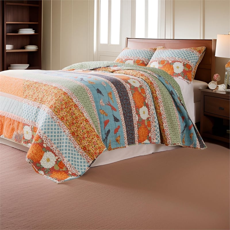 Benjara 2pc Twin Quilt & Pillow Sham Set- Floral & Songbirds Prints- Multicolor