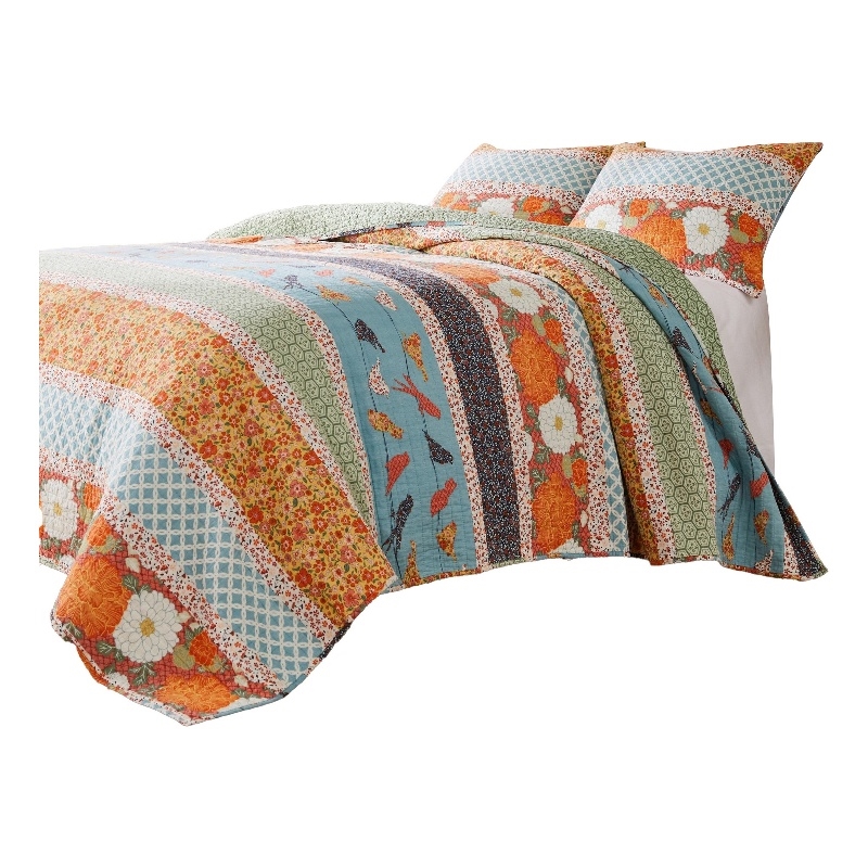 Benjara 2pc Twin Quilt & Pillow Sham Set- Floral & Songbirds Prints- Multicolor