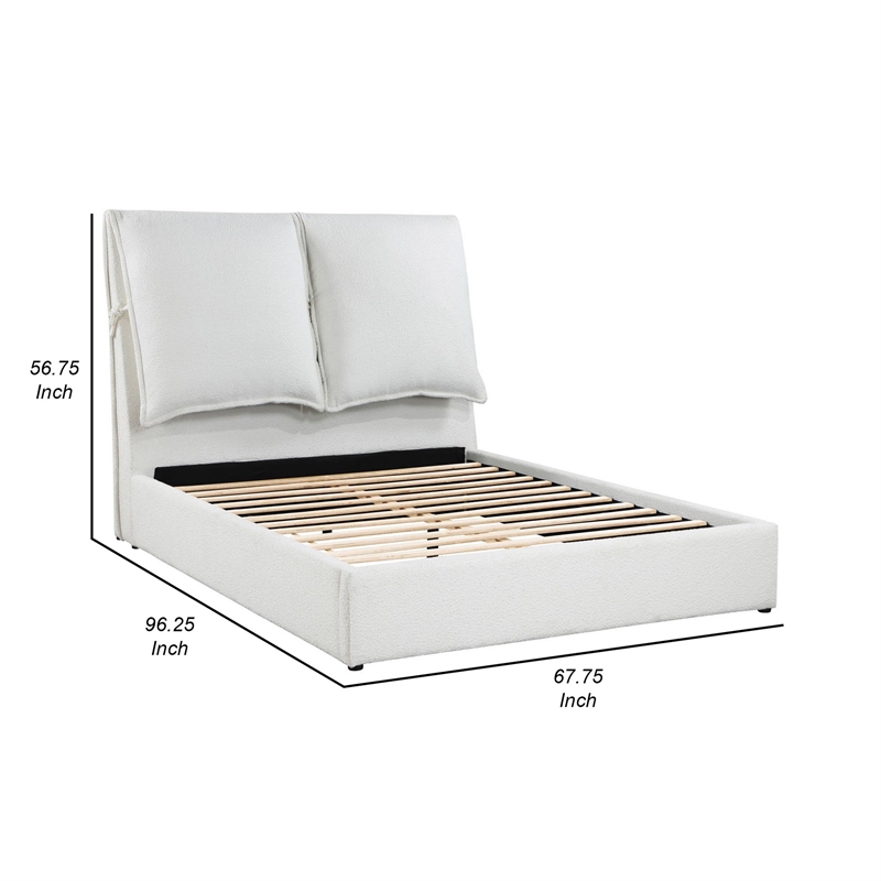 Benjara Dole Queen Size Platform Bed- Pillow Headboard- White Fabric Upholstey