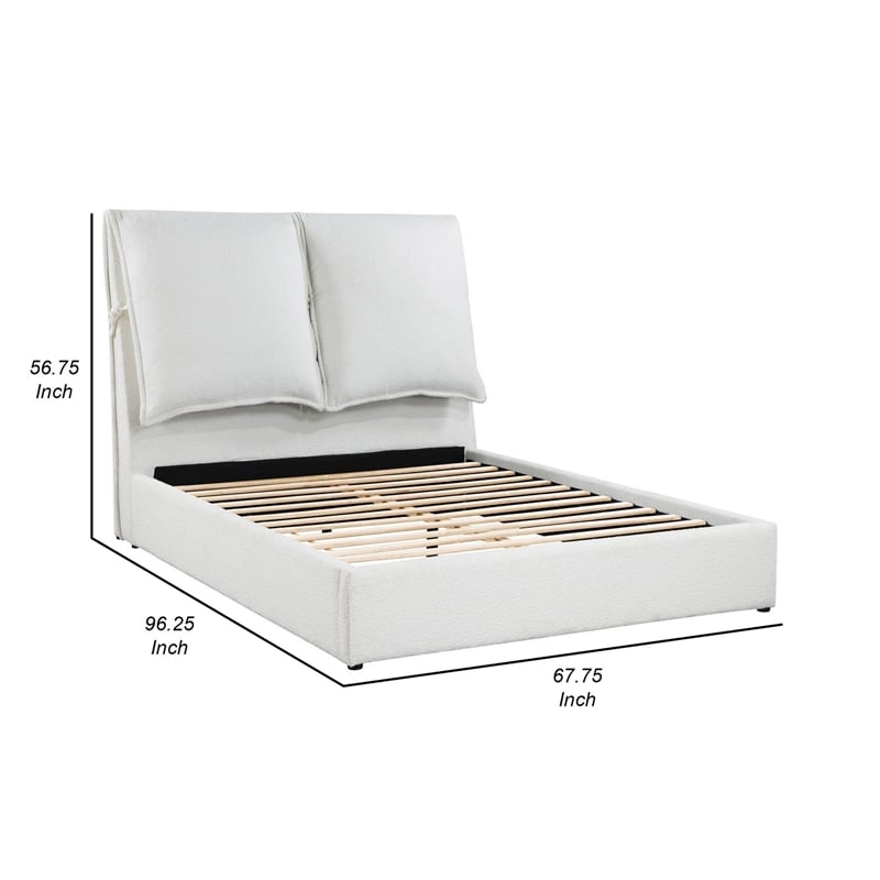 Benjara Dole Queen Size Platform Bed- Pillow Headboard- White Fabric Upholstey