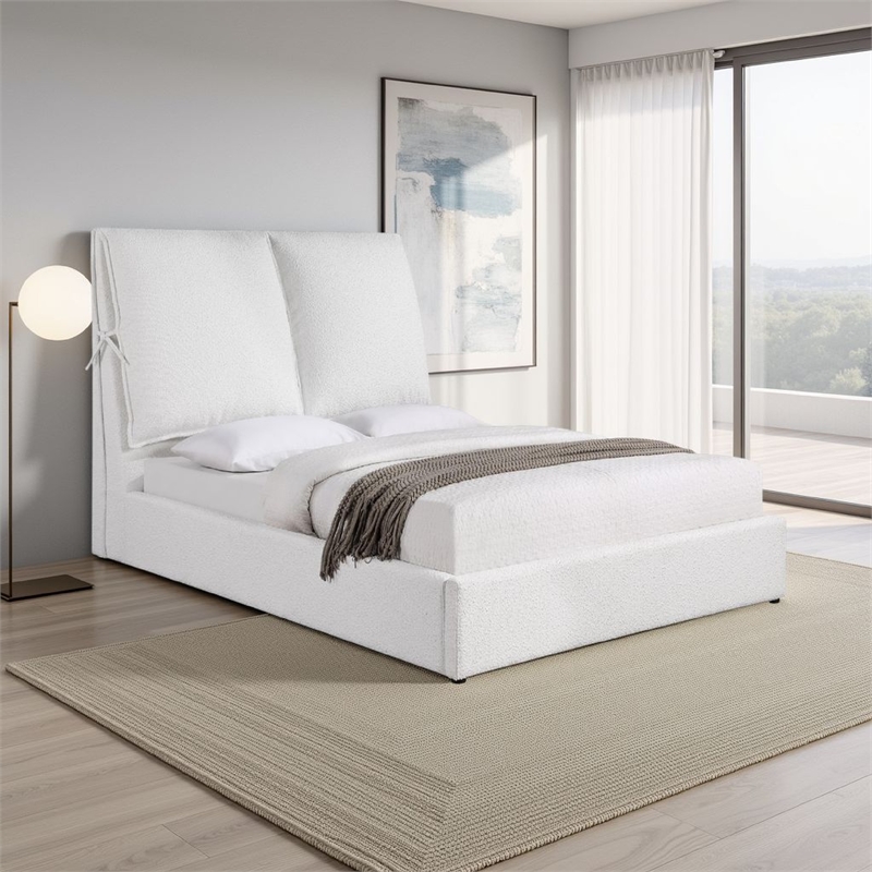 Benjara Dole Queen Size Platform Bed- Pillow Headboard- White Fabric Upholstey