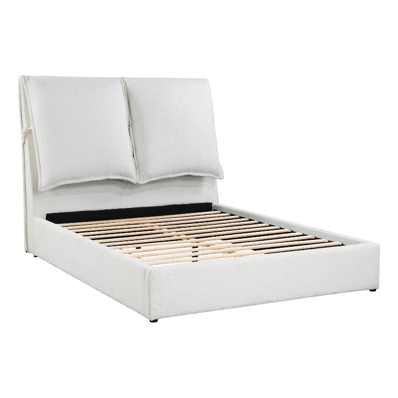 Benjara Dole Queen Size Platform Bed- Pillow Headboard- White Fabric Upholstey
