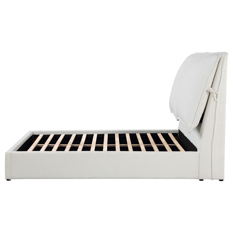 Benjara Dole Queen Size Platform Bed- Pillow Headboard- White Fabric Upholstey