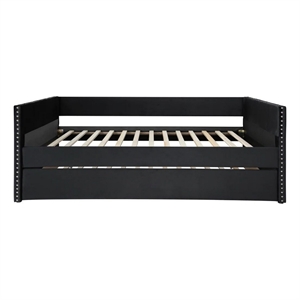 Benjara Sery Daybed w Trundle- Black Velvet Upholstery and Nailhead Trim