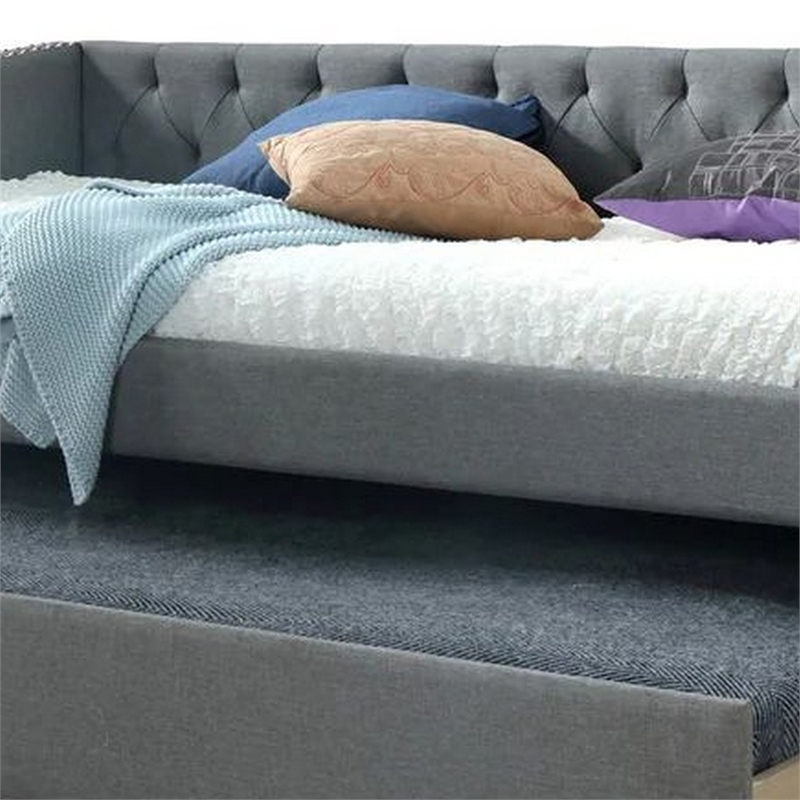 Benjara Rely Daybed with Pull Out Trundle- Modern Gray Tufted Upholstery