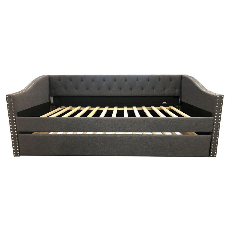 Benjara Rely Daybed with Pull Out Trundle- Modern Gray Tufted Upholstery