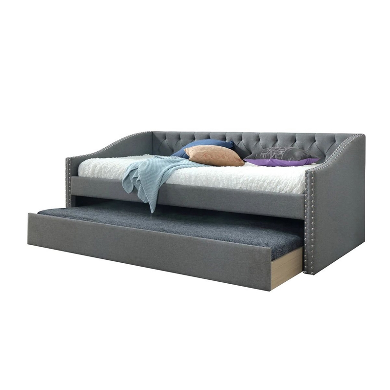 Benjara Rely Daybed with Pull Out Trundle- Modern Gray Tufted Upholstery