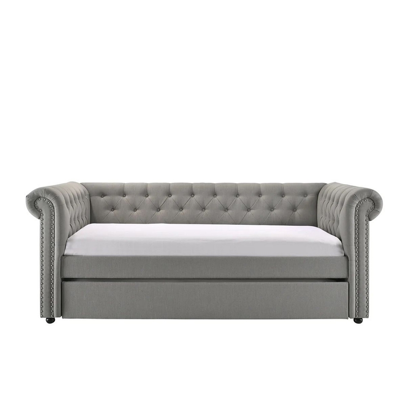 Benjara Loe Daybed w Pull Out Trundle- Chesterfield Dove Gray Upholstery