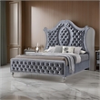 Benjara Rall King Size Bed- Curved Wood Headboard- Tufted Gray Fabric Upholstery