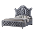 Benjara Rall King Size Bed- Curved Wood Headboard- Tufted Gray Fabric Upholstery