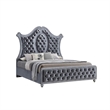 Benjara Rall King Size Bed- Curved Wood Headboard- Tufted Gray Fabric Upholstery