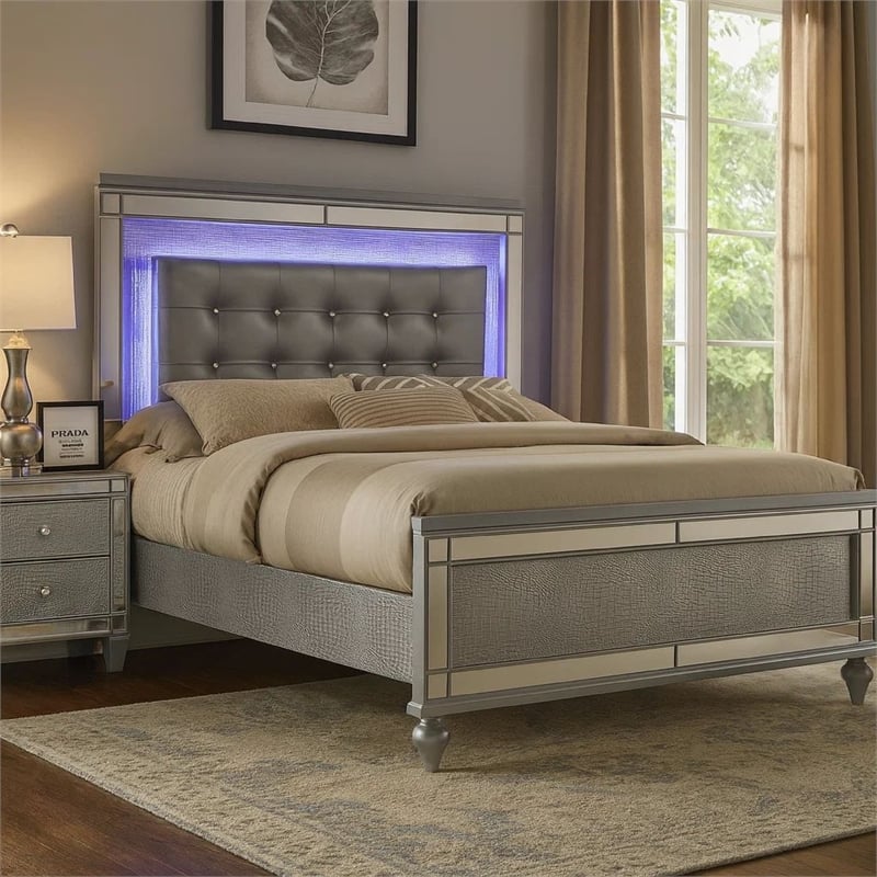Benjara Lee Full Size Bed- LED- Tufted Faux Leather Upholstery- Textured Silver