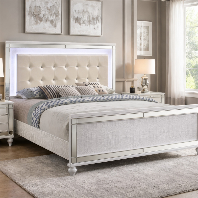Benjara Lee Full Size Bed- LED- Tufted Faux Leather Upholstery- Textured White