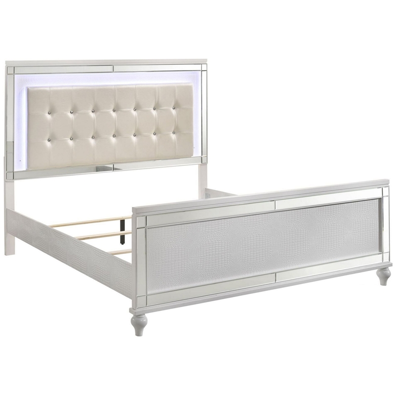Benjara Lee Full Size Bed- LED- Tufted Faux Leather Upholstery- Textured White
