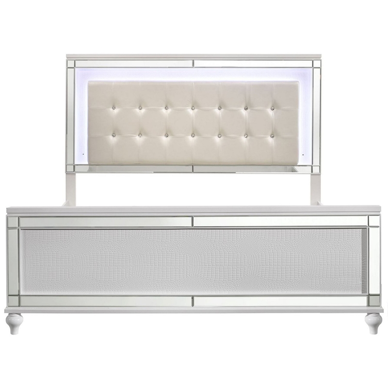 Benjara Lee Full Size Bed- LED- Tufted Faux Leather Upholstery- Textured White