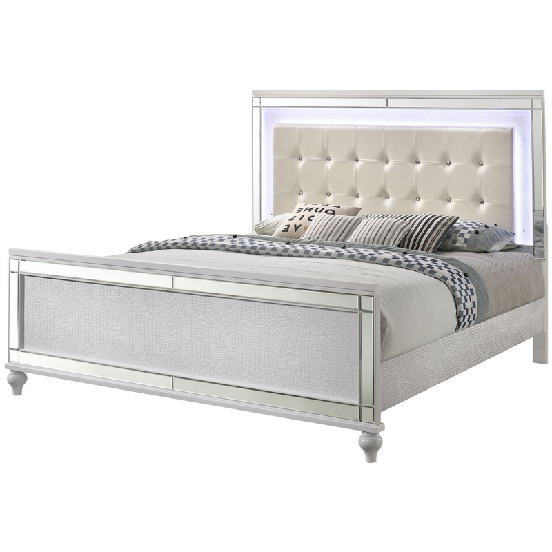 Benjara Lee Full Size Bed- LED- Tufted Faux Leather Upholstery- Textured White