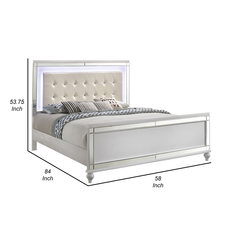 Benjara Lee Full Size Bed- LED- Tufted Faux Leather Upholstery- Textured White