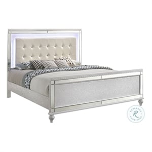 Benjara Lee Full Size Bed- LED- Tufted Faux Leather Upholstery- Textured White