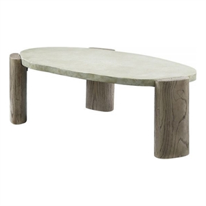 Benjara 47&quot Coffee Table- Oval Shape Cement Top- Smooth Gray and Oak Brown