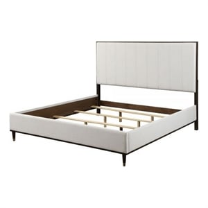 Benjara Aren Queen Bed- Light Gray Fabric Upholstery- Crisp White & Smooth Brown