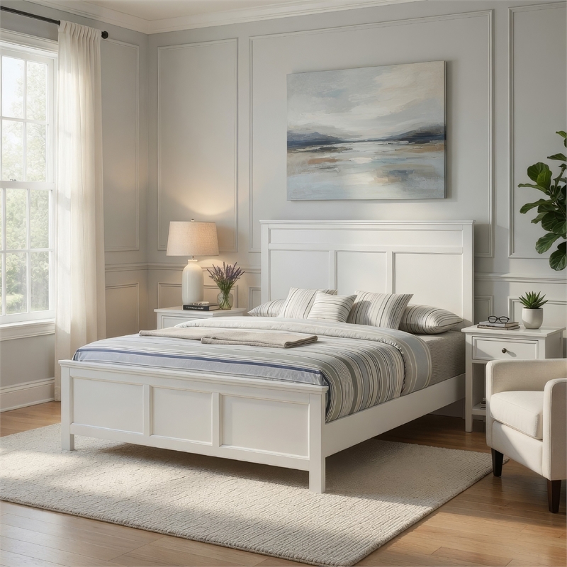 Benjara Aver King Size Bed- Transitional Carved Panel Design- White Wood Finish