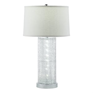 Benjara Jin 28&quot Table Lamp- Gray Drum Fabric Shade- Modern Round Base- Silver