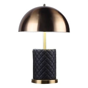 Benjara Aria 21&quot Table Lamp- Dome Shade- Round Base- Black Faux Leather- Brass