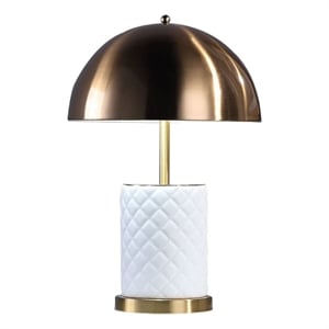 Benjara Aria 21&quot Table Lamp- Dome Shade- Round Base- White Faux Leather- Brass