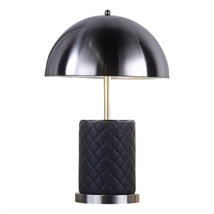 Benjara Aria 21&quot Table Lamp- Round- Dome Shade- Dark Silver- Black Faux Leather