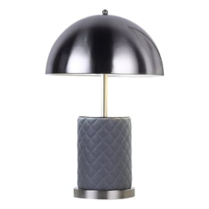 Benjara Aria 21&quot Table Lamp- Dome Shade- Round- Gray Faux Leather- Dark Silver