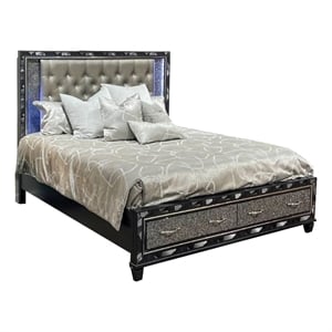 Benjara Bet Queen Bed-Silver Faux Leather Upholstery-LED-Crystal Accents-Black