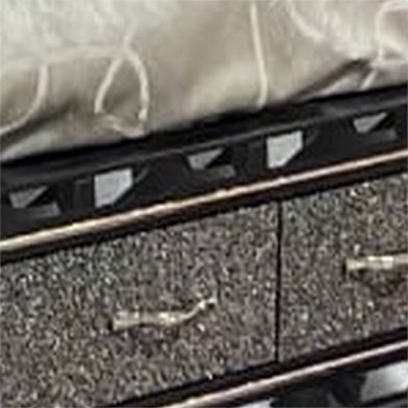 Benjara Bet Queen Bed-Storage Drawers-Silver Faux Leather Upholstery-LED-Black