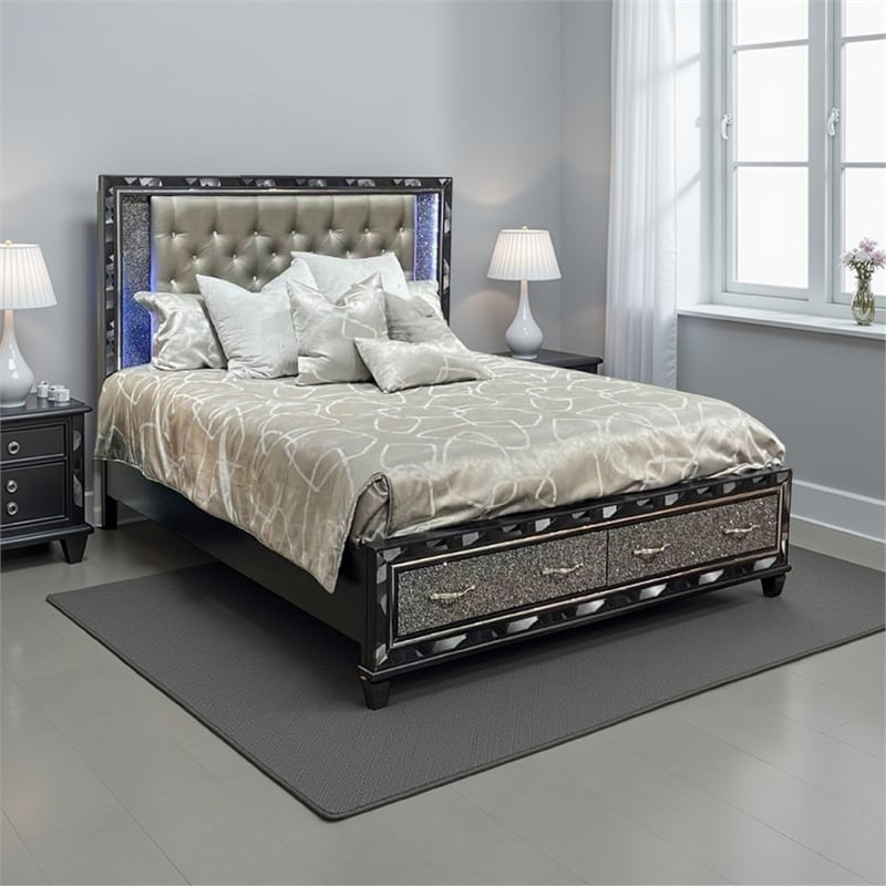 Benjara Bet Queen Bed-Storage Drawers-Silver Faux Leather Upholstery-LED-Black