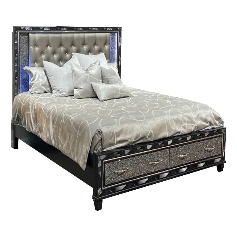 Benjara Bet Queen Bed-Storage Drawers-Silver Faux Leather Upholstery-LED-Black