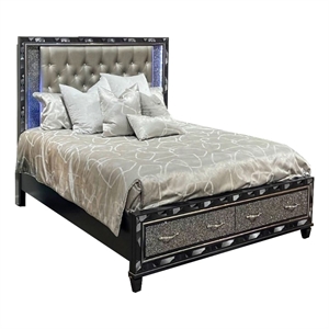 Benjara Bet Queen Bed-Storage Drawers-Silver Faux Leather Upholstery-LED-Black