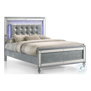 benjara lee king size bed- led- tufted faux leather upholstery- textured silver