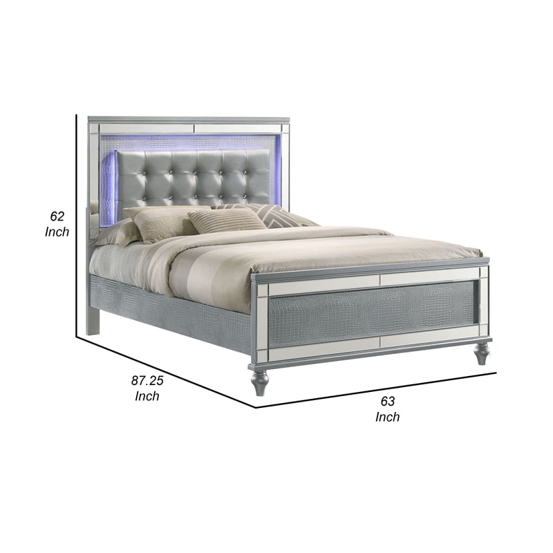 Benjara Lee Queen Size Bed- LED- Tufted Faux Leather Upholstery- Textured Silver