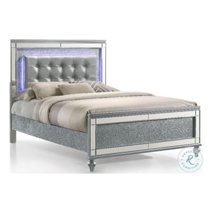 Benjara Lee Queen Size Bed- LED- Tufted Faux Leather Upholstery- Textured Silver
