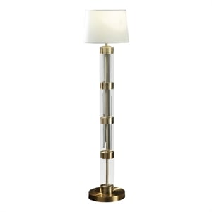 Benjara Kria 60&quot Floor Lamp- Clear Glass Stand- Metal Bands- Antique Brass