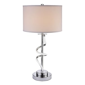 Benjara Jame 29&quot Table Lamp- Drum Fabric Shade- Accent Round Chrome Base